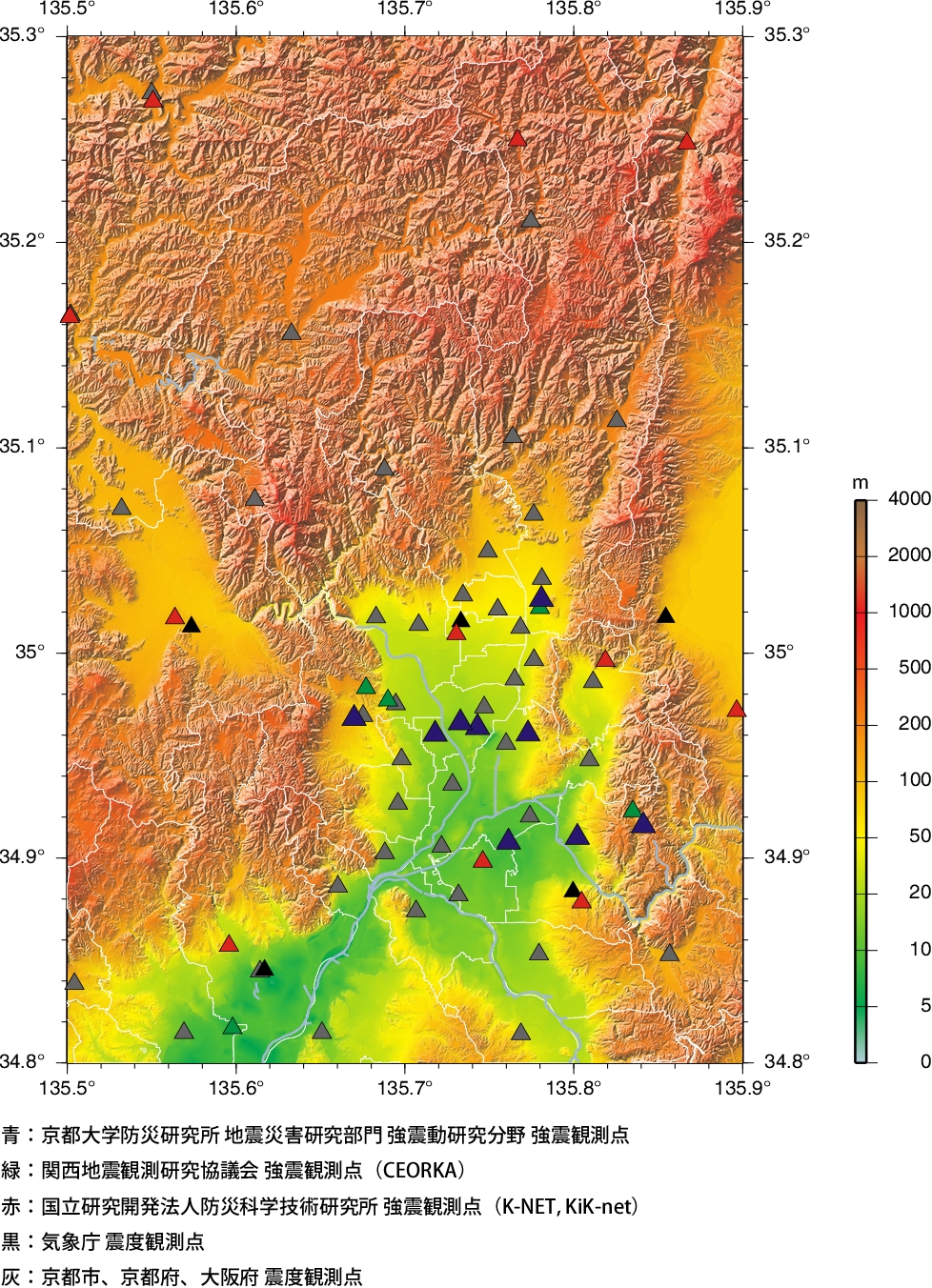 京都盆地周辺での強震観測点分布図